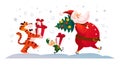 Merry Christmas illustration with Santa Claus, elf and tiger carry presents and fir tree isolated.